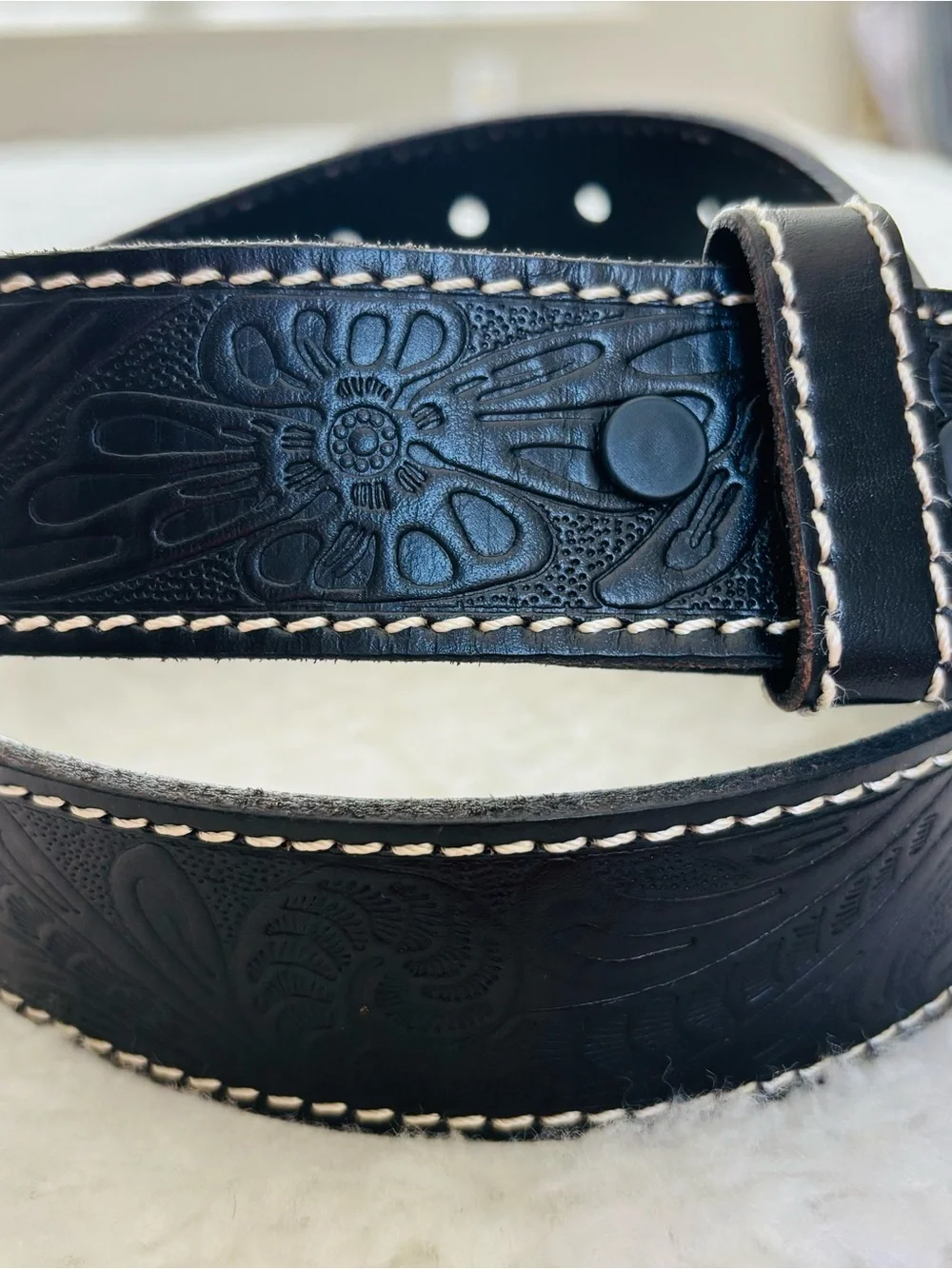 Classic Black Embossed Leather Western Belt with Engraved Silver Buckle Sz 38